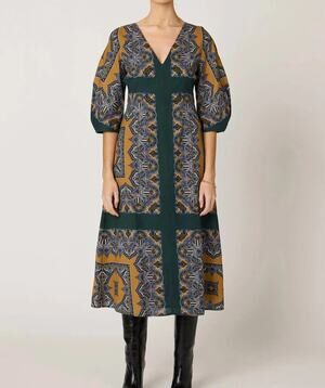 NWT Cleobella Mercedes Midi Autumn Wedding Guest Dress Mercado Green Boho Small